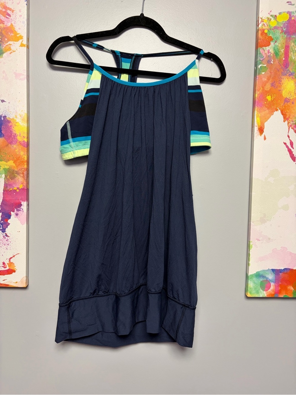 lululemon athletica No limits navy tank with striped bar ***check measurements**